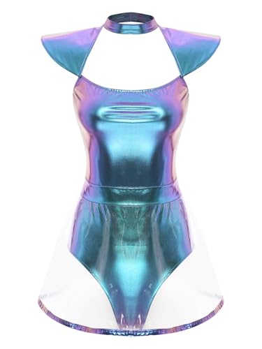 CHICTRY Alien Kostüm Damen Sexy Metallic Glitzer Body Fliegenärmel Overall Cut Out Jumpsuit Kurz Trikot Mit Transarent Rock Cosplay Verkleidung Blau...