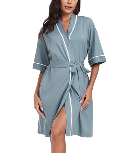 Image of ANLIQI Womens 100% Cotton Robes Lightweight Summer Short Sleeve Lady Bathrobe Knee Length Kimono Robe Sleepwear with Pockets