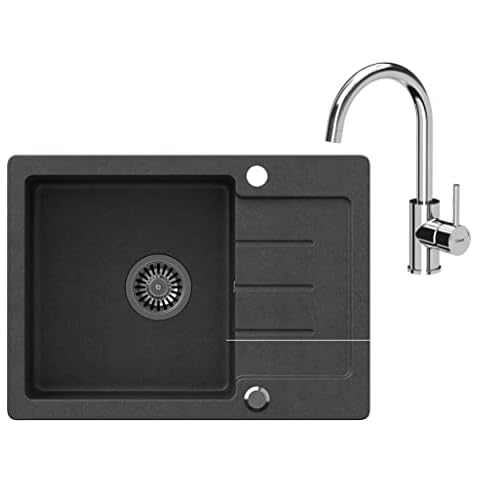 VBChome Spülbecken mit Armatur Schwarz 60 x 44 cm Einzelbecken Einbauspüle gesprenkelt reversibel Verbundspüle + Siphon Waschbecken Armatur Chrom Cover