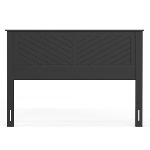 ComfIQ Serene Solid Wood Panel Headboard with Chevron Scoring, Queen Size, Black, Easy Assembly, Quality Materials