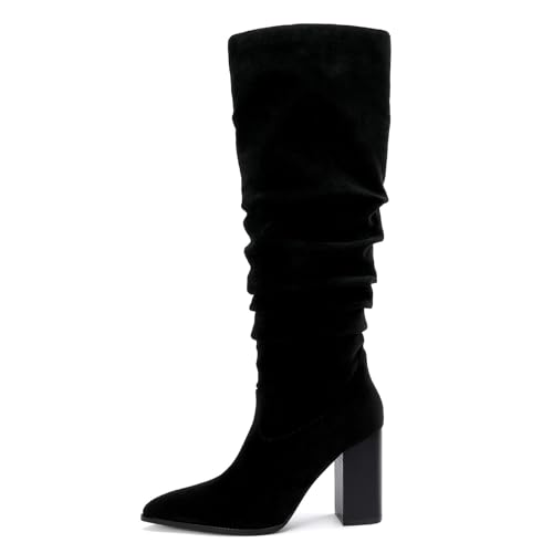 Knee High Boots Faux Suede Pointed Toe Boots for Women Chunky Block Tall Boots with Side Zip2