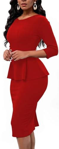 Women Fashion Peplum Bodycon 3/4 Sleeve Bow Wear to Work Club Business Formal Ruffle Pencil Party Dress Red XX-Large2