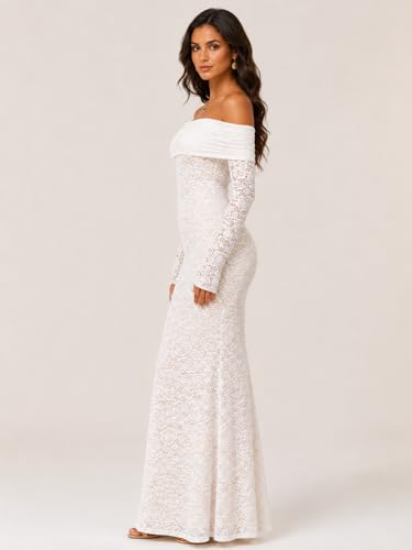 Image of Women's White Off-Shoulder Lace Maxi Dress Long Sleeve Bodycon Gown for Wedding, Party & Evening Events