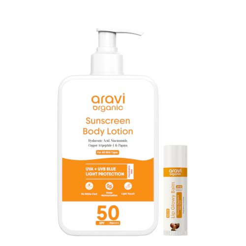 Image of Aravi Organic Sun Protection Combo - Oil-Free Sunscreen Body Lotion SPF 50 PA+++ (200ml) + Lip Glowy Balm SPF 50 PA+++ with Kojic Acid & Peptide (5g)