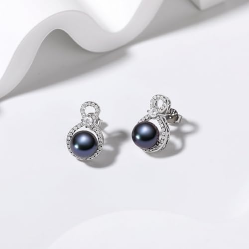 S925 Sterling Silver Infinity Pearl Earrings Stud for Women, Genuine Quality 8-8.5mm Round Saltwater Cultured Pearls 14K Gold Plated Hypoallergenicity Jewelry Gifts for Mother Wife Bridal2