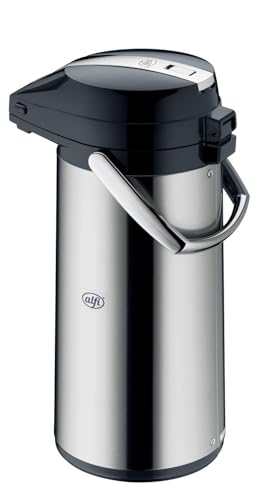 alfi Drinks Dispenser 2.2 Litres, Polished Stainless Steel Pump Jug with Tempered Glass Insert, Integrated Pump, Keeps Warm for 12 Hours, Cold for 24 Hours, for 18 Cups, 360° Rotating Base, Ideal for