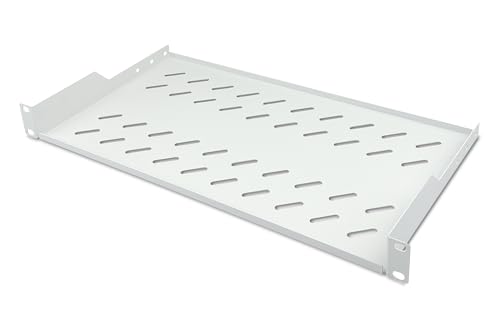 DIGITUS Estante para instalación fija - 19 pulgadas - 1U - Montaje frontal - Capacidad de carga 15 kg - Para armarios de red y servidores - A partir de 450 mm de profundidad de armario - Gris