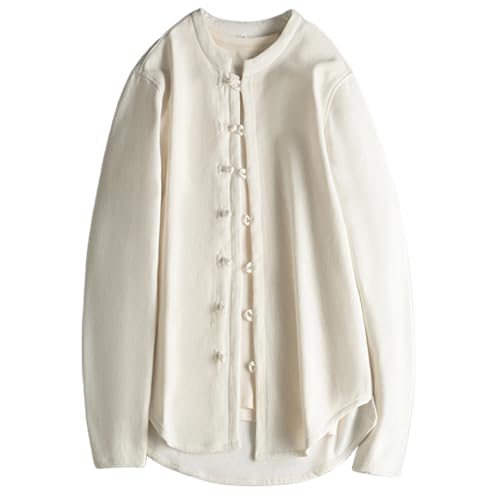 Camisa genérica para hombre otoño invierno estilo chino retro polar grueso botones tradicionales ropa básica caliente camisa de cuello, blanco, M