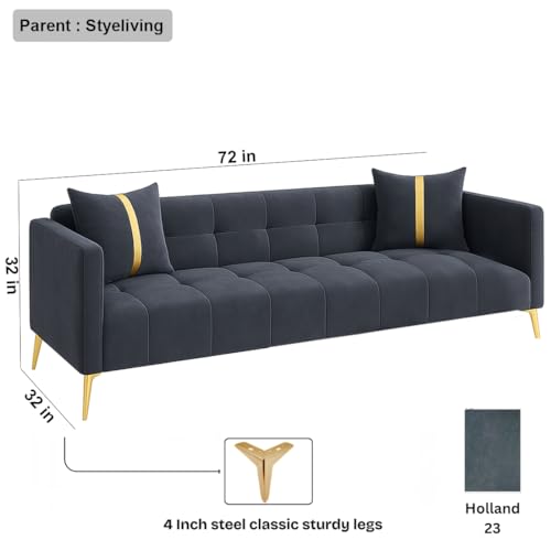 Image of FURNY Styliving 3 Seater Velvet Fabric Sofa Set (Dark Grey) with Golden Finish Legs | Durable & Comfortable | Ideal for Living Room