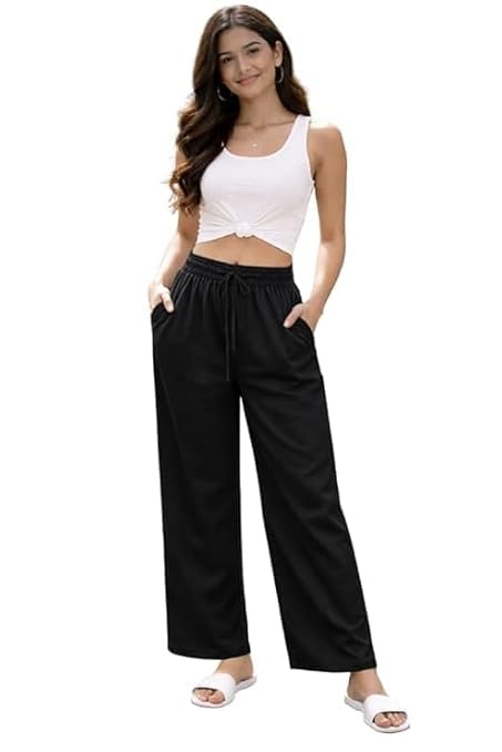 Women’s Rayon Solid Palazzo Pants Elastic Drawstring Waist Wide Leg Comfortable Trousers Lightweight Casual Ethnic Bottom Wear for Daily, Office & Travel - Black (Size -36)-picture-16