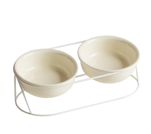 XOZIFY 猫 えさ 皿 陶器 猫 食器 2個セット 15度の傾斜 金属スタンド付き 頸椎を保護 ペット用皿 小型犬 水飲み皿 餌入れ両用 食洗機対応 (12.5CM/300ML,ベージュダブルボウル+アイアンVラックダブル)