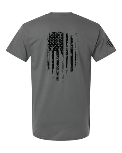 Vertical Tattered American Flag Design with Small Front and Large Back Print T-Shirt