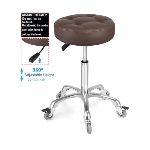 Image of Adjustable Heavy Duty Stool - Rolling Stools with Locking Caster Wheels - Swivel Stools Backless Chair for Home Kitchen Office Shop Tattoo Lash Tech Pedicure (Brown, Height 22 to 30 in)