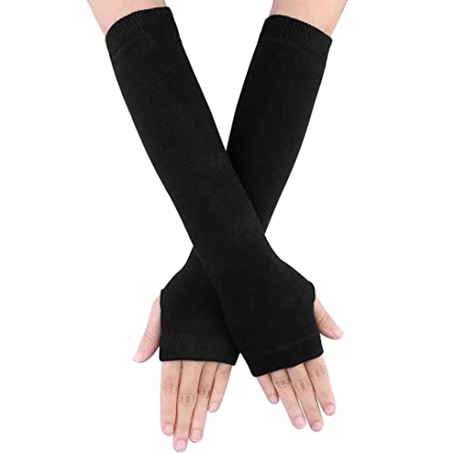 Image of Women's Long Knitted Fingerless Gloves Thumbhole Stretch Arm Warmers | Stretchy soft knitted arm warmers for women, comfortable thumbhole design, ideal daily winter hand sleeve accessories