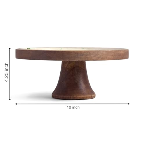 Image of SAAGA Begonia Round Printed Wooden Cake Stand | 9.75 x 4.75 Inch Mango Wood Cake & Pizza Display Stand | Decorative Dessert Platter for Dining Table, Parties & Celebrations