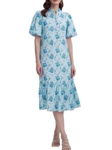 Image of Summer Floral Midi Dress for Women Spring Puff Short Sleeve Button Down Flowy Boho Dresses