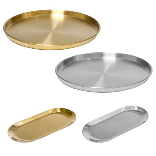 Keboyoe 4 Pièces Inoxydable Plateau decoratif Plateau Doré et Argenté Ovale Plateaus Rond Acier Inoxydable Doré et Argenté pour Bijoux Plateaus Bijoux...