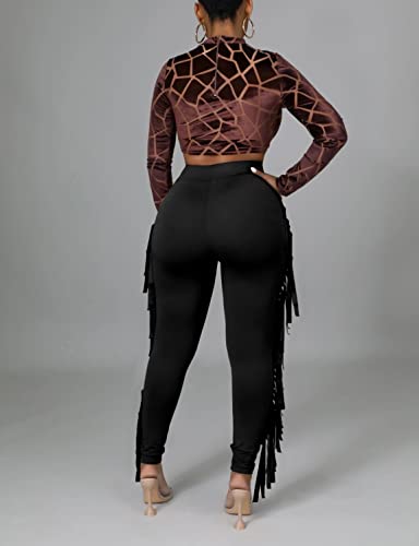 Choichic Women's Casual High Waist Fringed Pants With Elastic Waist - Bodycon Tassels Side Long Jogger Sweatpant4