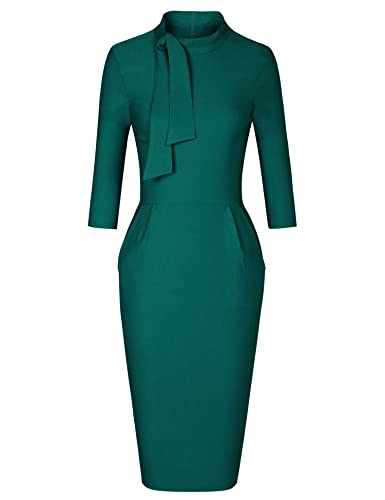 Image of MUXXN Women's Midi Pencil 1950s Vintage Cocktail 3 /4 Sleeve Tie Neck Bodycon Mid-Calf Dress with Pockets