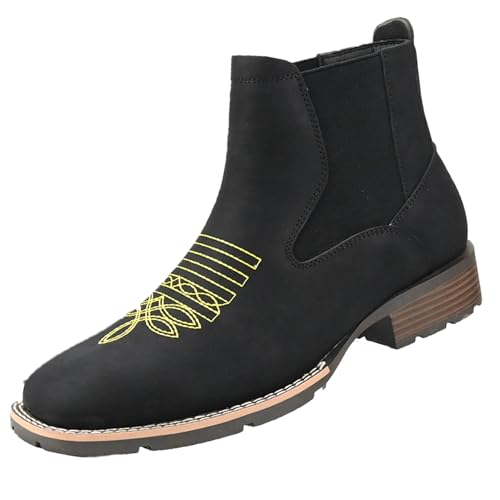 Men Western Ankle Cowboy Boots Square Toe Embroidered Pull On Chelsea Ankle Booties Comfort Casual Dress Retro Slip On Short Boots