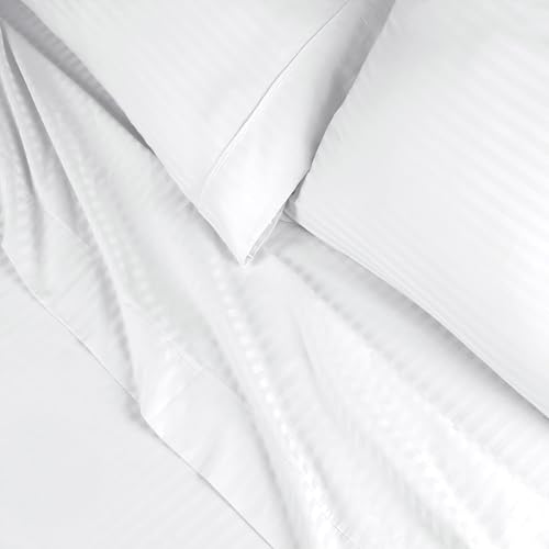 Superior Egyptian Cotton 300 Thread Count Bed Sheet Set, 1 Elastic Deep Pocket Fitted Sheet, 1 Flat Sheet, 2 Pillowcases, Daily Sheets, Luxury Home Essentials, Striped Design, Queen, White