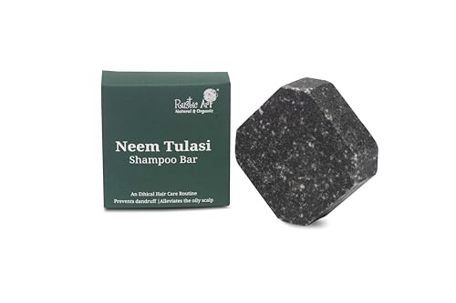 Rustic Art Neem Tulsi Shampoo Bar | Deep Cleansing, Dandruff & Oil Control | Oily Scalp & Hair | Activated Charcoal & Eucalyptus | Organic & Natural | Sulfate Paraben Free | 75g