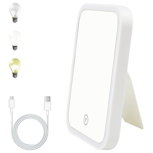 WhizNook Miroir Super HD, Miroir de Table LED Portable, Miroir Maquillage Lumineux, 3 Couleurs de Lumière, Recharge USB, avec Support Réglable à 90°, pour...