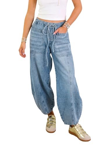 Women's Elastic Waist Tie Up Baggy Jeans Solid Mid Rise Wide Leg Denim Pants Loose 4 Pockets Boyfriend Trousers
