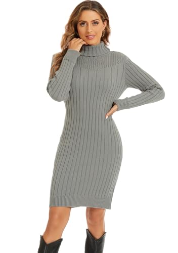Rayson Pulloverkleid Damen Rollkragen Elegant Langarm Lose Strickkleid Knit Minikleid für Herbst Winter(Grau, L)