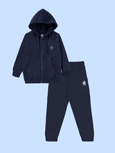 Image of Boys Solid Fleece Full Sleeve Zip Front Open Hooded Sweatshirt With Track Pant Set
