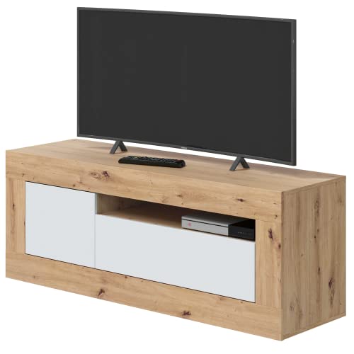 Habitdesign Mueble de TV de 2 Puertas, Modulo Salon, Modelo Baltik, Acabado en Blanco Artik y Roble Nodi, Medidas: 139 cm (Ancho) x 53 cm (Alto) x 42 cm (Fondo), Mediano, 016627W