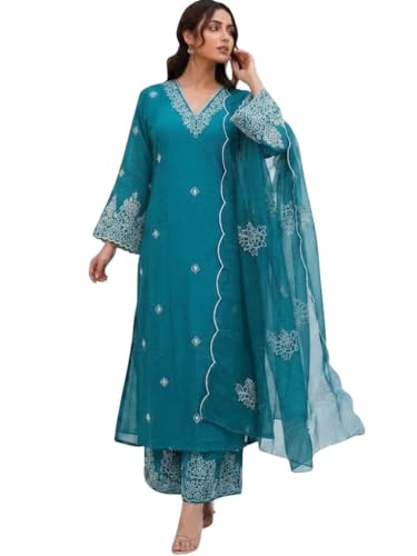 Image of SHIENZY Women's Embroidered Kurta Pant Set with Dupatta | Straight Kurta Set for Women | Ethnic Kurta Set for Women, Traditional Indian Kurta Pant Dupatta Set