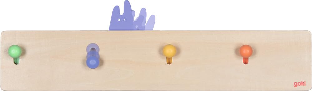 goki 60834 - Garderobe Kuckulino, Kinder-Garderobe mit 4 Kleiderhaken und niedlichen Pop-Up Tiermotiven, aus Holz - Kinder-Garderobenleiste mit Funktion