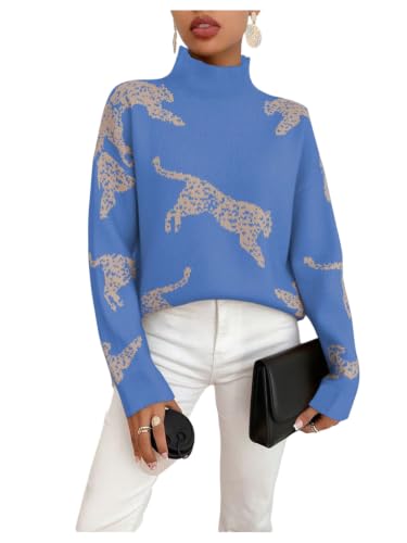 Image of WDIRARA Women's Leopard Tiger Print Sweater High Neck Long Sleeve Fuzzy Knitted Pullover Top