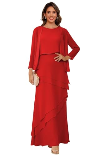 YOFF 2 Pieces Mother of The Bride Dresses with Jacket Long Sleeve Chiffon Long Formal Dress with Ruffles YO169