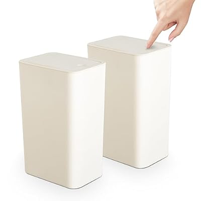 TrashAid 2 Pack Bathroom Trash Can with Lid, 2.6 Gallon / 10 Liter Small Garbage Can with Press Top Lid, Plastic Wastebasket with Pop-up Lids for Toilet, Office, Bedroom, Living Room, White