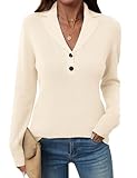 LOMON Sweaters for Women V-Neck Collared Tops Snap-Buttons Long Sleeve Knit Fall Winter Sweater Trendy Henley Lapel Collar Pullover Dressy Casual (Cream White,Medium)