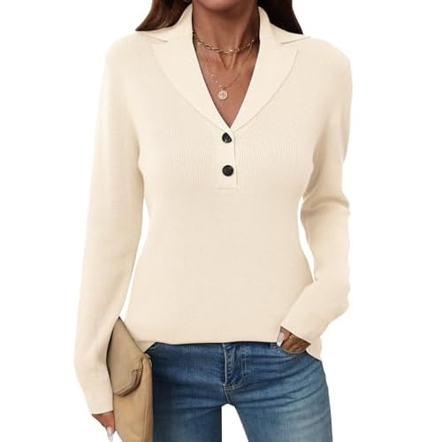 LOMON Womens Button Sweater 2026 Long Sleeve V-Neck Collared Pullover
