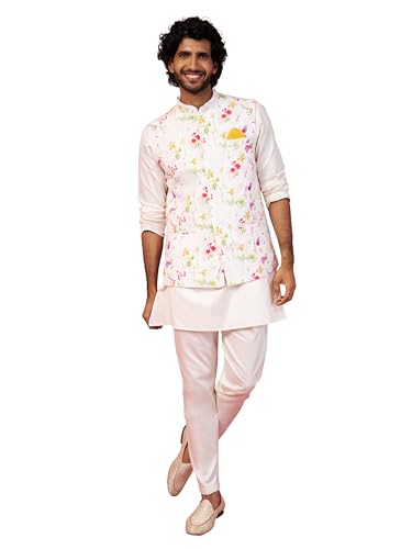 Kurta en soie mélangée homme VASTRAMAY ensemble pyjama tunique col Nehru crème