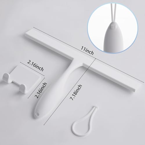 Image of FY&XZH Never Rust Silicone Shower Squeegee for Glass Doors with Hook, Bathroom Cleaner Tool, Household Window and Mirror Squeegee, Ergonomic Thick Handle Squeegee for Shower Glass, 11-Inch (White)