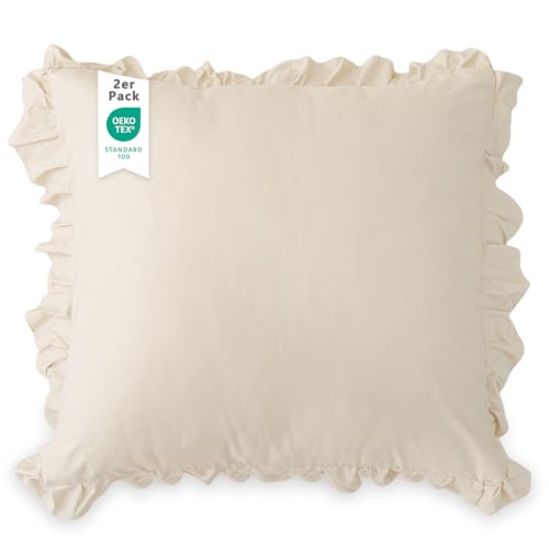 TOCOMOA Kissenbezug 40x40 2er Set - Rüschen Kissenbezüge Öko-Tex Zertifiziert, Kissenhülle Weich und Hypoallergen, Kopfkissenbezug 40x80cm mit Hotelverschluss Beige