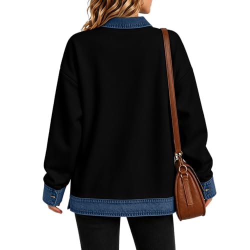 Womens Polo Shirts Denim Patchwork Button Collared Long Sleeve Tops - image 6