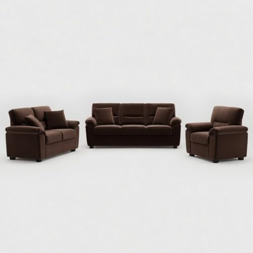 Image of Anderson 6 Seater Fabric Sofa Set (3+2+1) with Storage Ottoman Dark Brown, Premium Velvet Finish Upholstery, Solid Wood Frame, High Density Foam Cushions, Modern Living Room Furniture