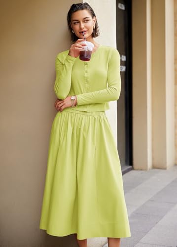 Image of Panadila Womens 2 Piece Lounge Sets Matching Vacation Outfits Ribbed Button Down Cardigan and Elastic Waist Skirt Sets (Palm Green,XL)