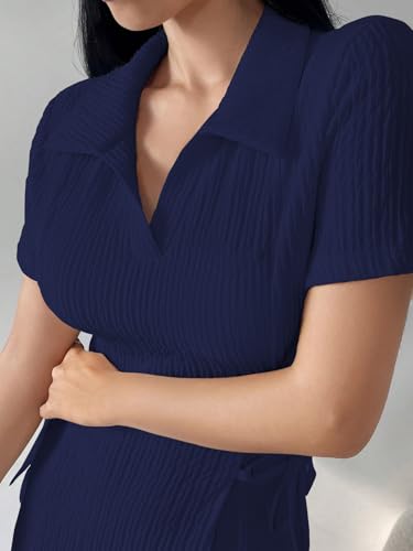 Image of Shasmi Women's Solid Color Applique Lace-Up Collared Short Sleeve, Side-Tie Waist Long Casual Maxi Women Dress Outfit Long Evening Midi Western Party Dress for Women (Dress 211)