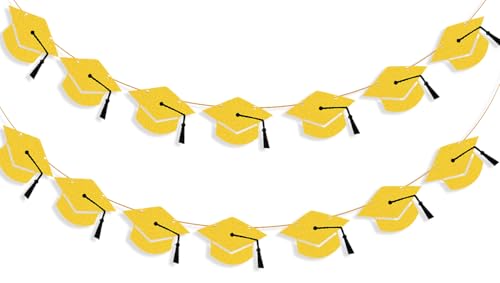 Image of 2026 Graduation Hat Banners Garlands Gold Glitter Graduation Party Decoration Banners Graduation Cap Banners Garlands Class of 2026 Graduation Party Banners for College High School