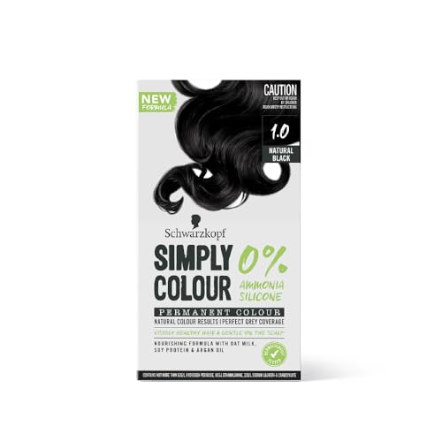 Schwarzkopf Simply Colour Permanent Hair Colour Gentle On Scalp, Upto 100% Grey Coverage, Dermatologist Tested Long-Lasting Nourishing Formula With Argan Oil, PPD & PTD Free, 1.00 Natural Black 142.5ml