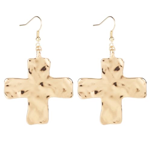 Hammered Cross Earrings for Women Gift, Premium Alloy Chunky Gold Cross Drop Earrings Large Statement Hook Dangle Stylish Women Faith Jewelry Accessories for Church, Casual, Easter & Party