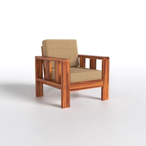 Image of Sheesham Wood 1 Seater Sofa Set with Beige Cushion for Living Room, Office, Sofa 1 Seater Sofa Wooden Sofa Set in Natural Teak Finish