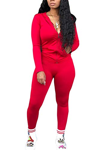 Womens Tracksuit Outfits Casual Sweatsuits - Long Sleeve Zipper Jacket and Pants Set Red 2XL